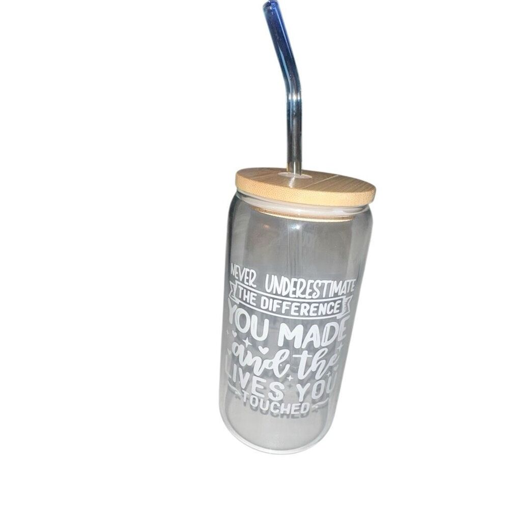 *NEW* Can shaped glasswear w/ wood lid glass straw Motivational Thanks